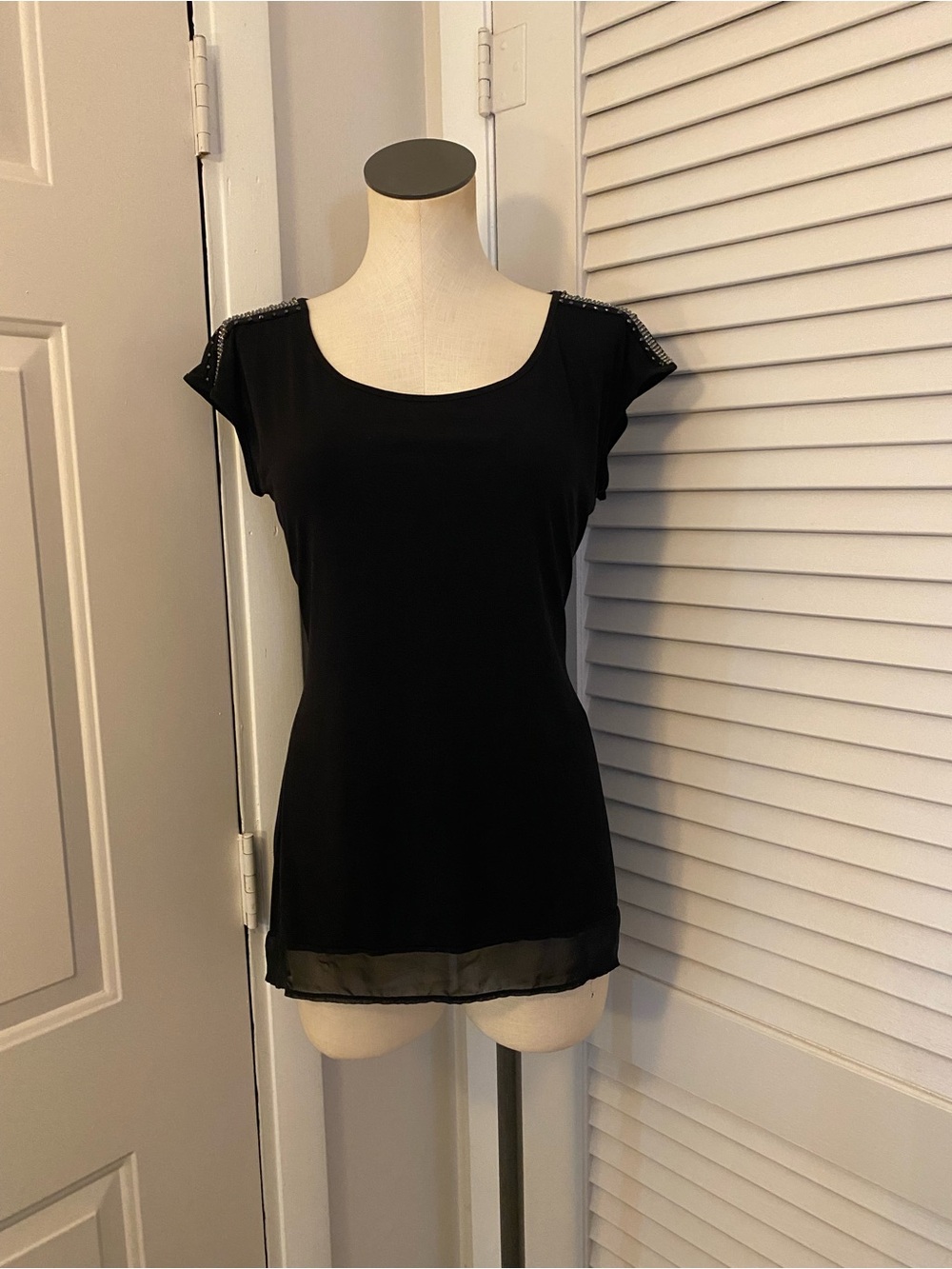 Belldini Black Scoop Neck Top with Studded/ Rhinestone Shoulders- Size Large